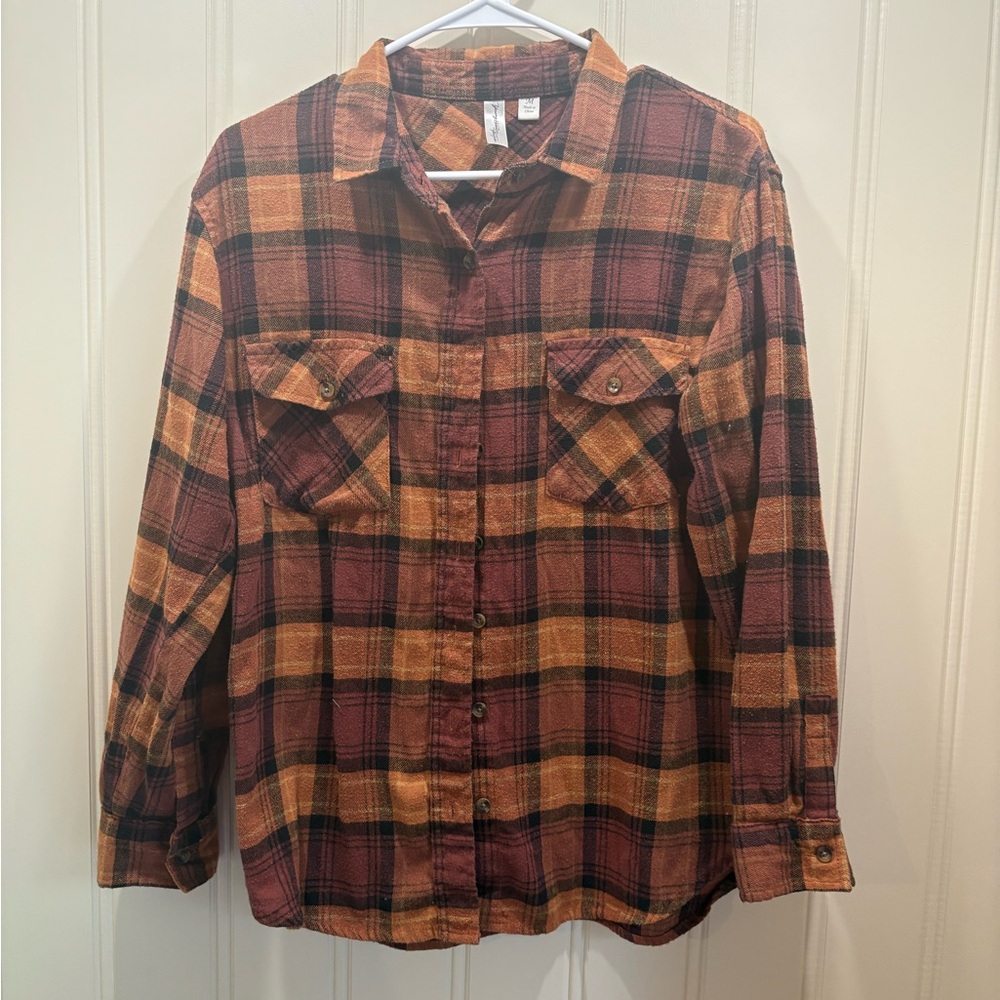 Plaid Button Down Shirt - Burgundy and Mustard